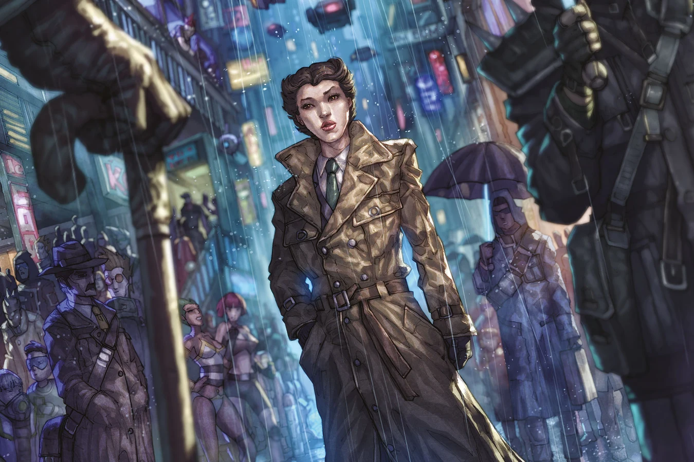 Cleo Selwyn in a trench coat on a rainy Los Angeles street in Blade Runner 2039