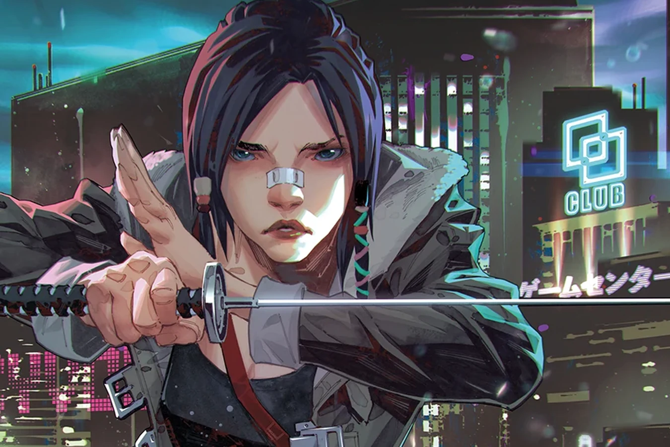 Elle aiming a sword in front of Las Vegas neon in Blade Runner Black Lotus: Las Vegas