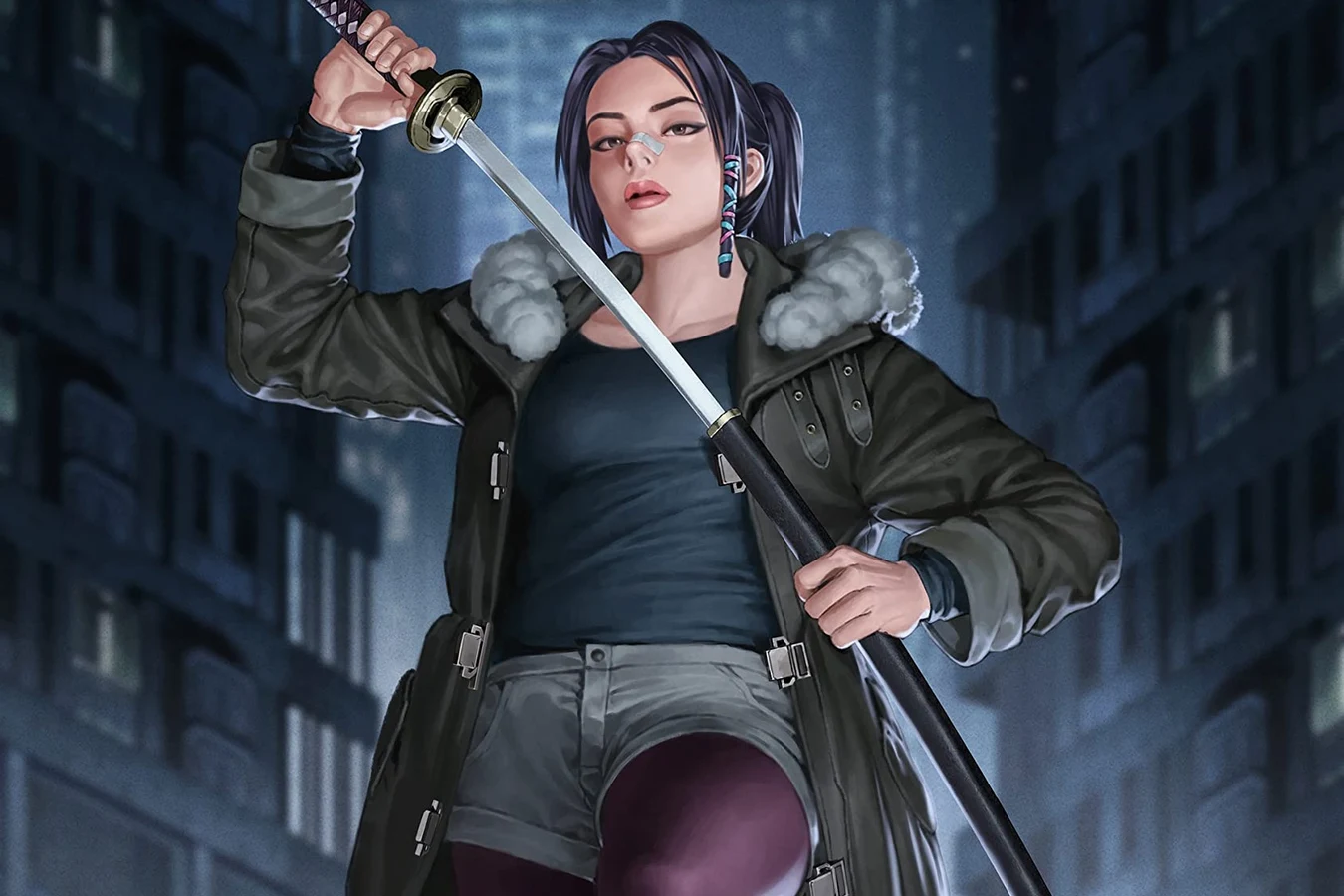 Elle with a sword in a fur-hooded coat in Blade Runner Black Lotus: Leaving L.A.
