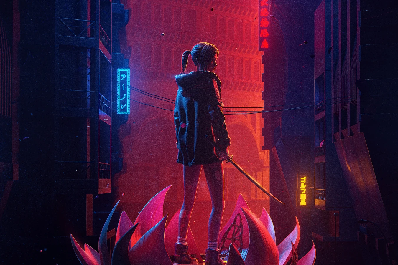 Elle with a sword, standing on a lotus over a red Los Angeles street in Blade Runner: Black Lotus
