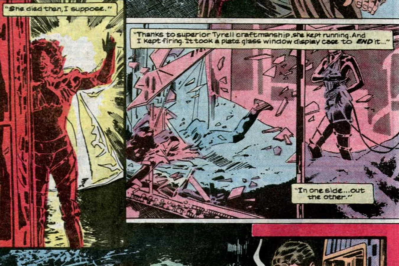 Zhora crashing through a plate glass display case in Marvel Super Special Blade Runner