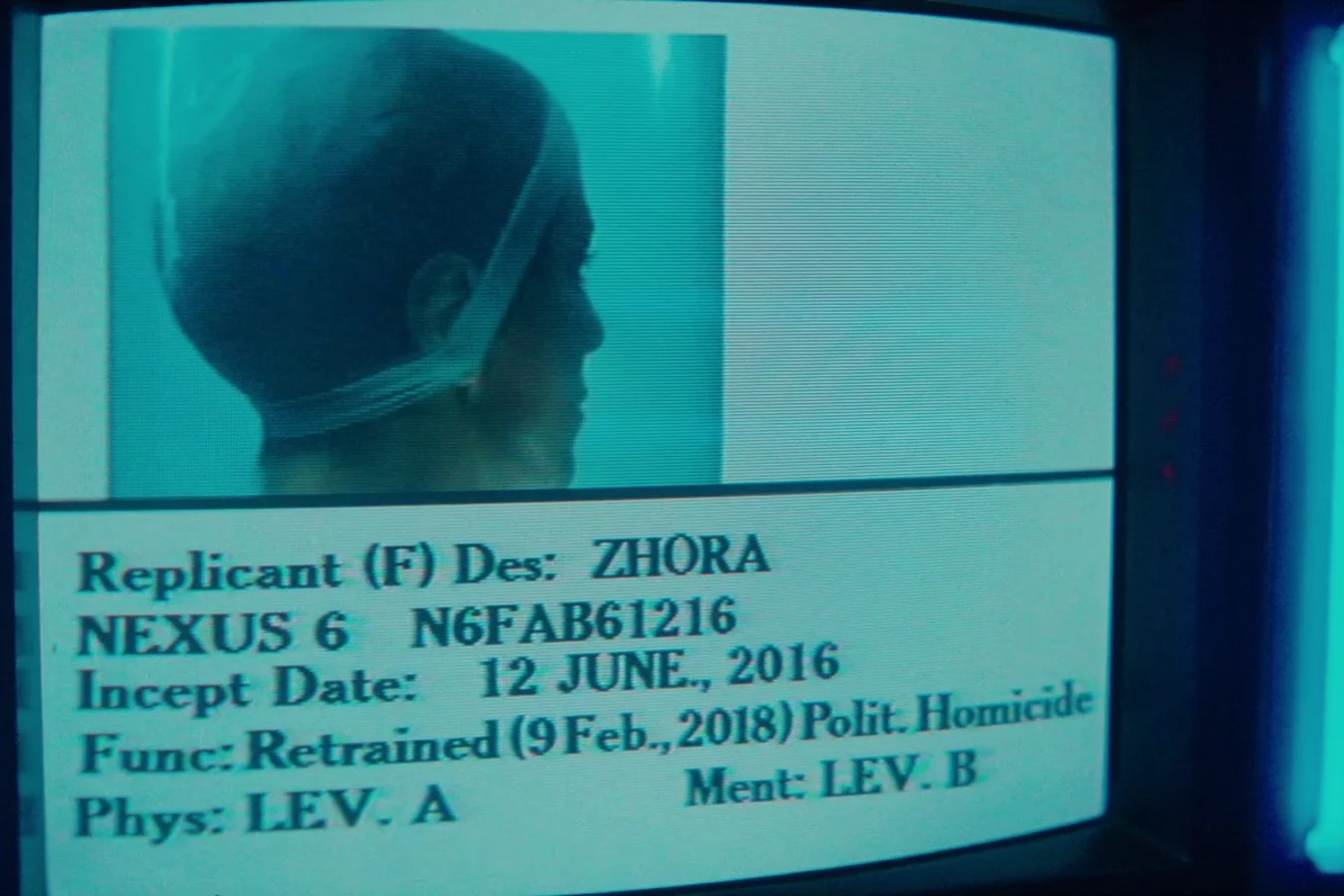 Zhora's Nexus-6 replicant profile with serial N6FAB61216 on Bryant's monitor in Blade Runner