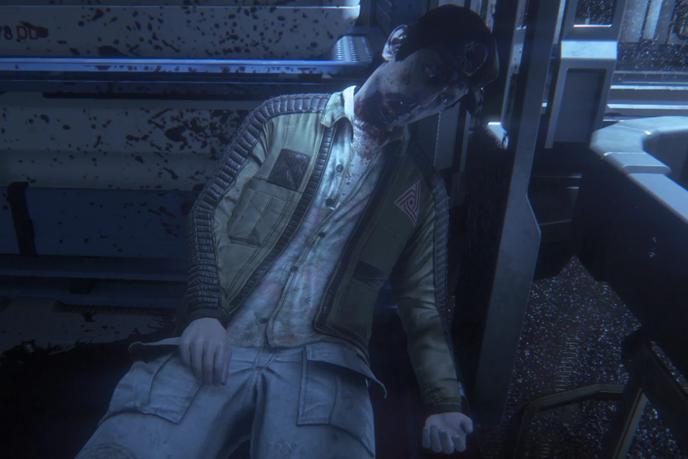 Brett's body in a pool of blood above the Nostromo landing leg in Alien: Isolation, with a bite hole in his forehead