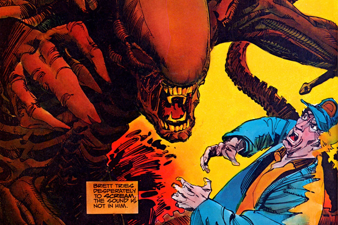The adult Xenomorph, drawn much bigger than Brett, over him in Alien: The Illustrated Story