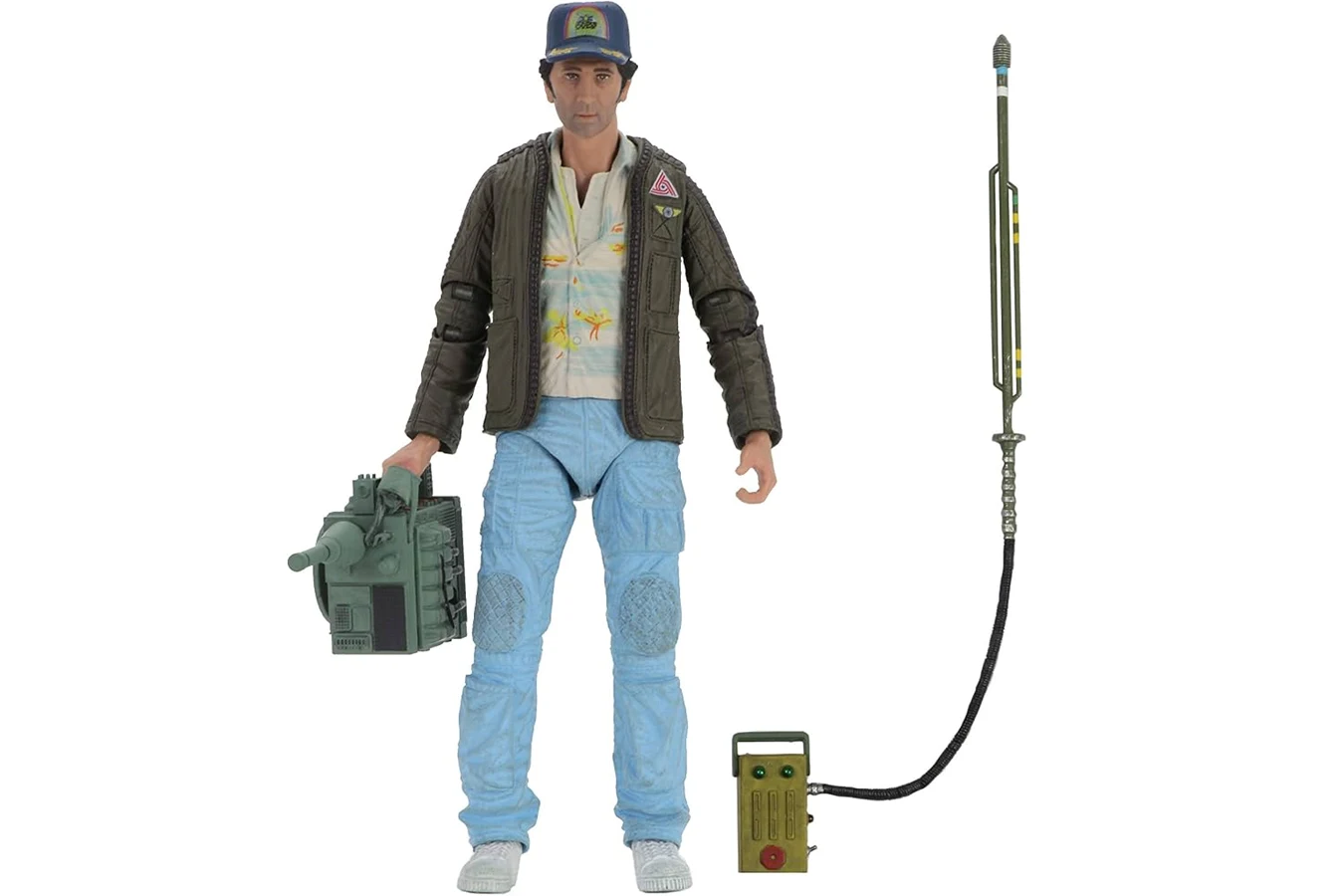 NECA 7-inch Brett in a cap and Hawaiian shirt, with a tracker, a cattle prod, and a power pack