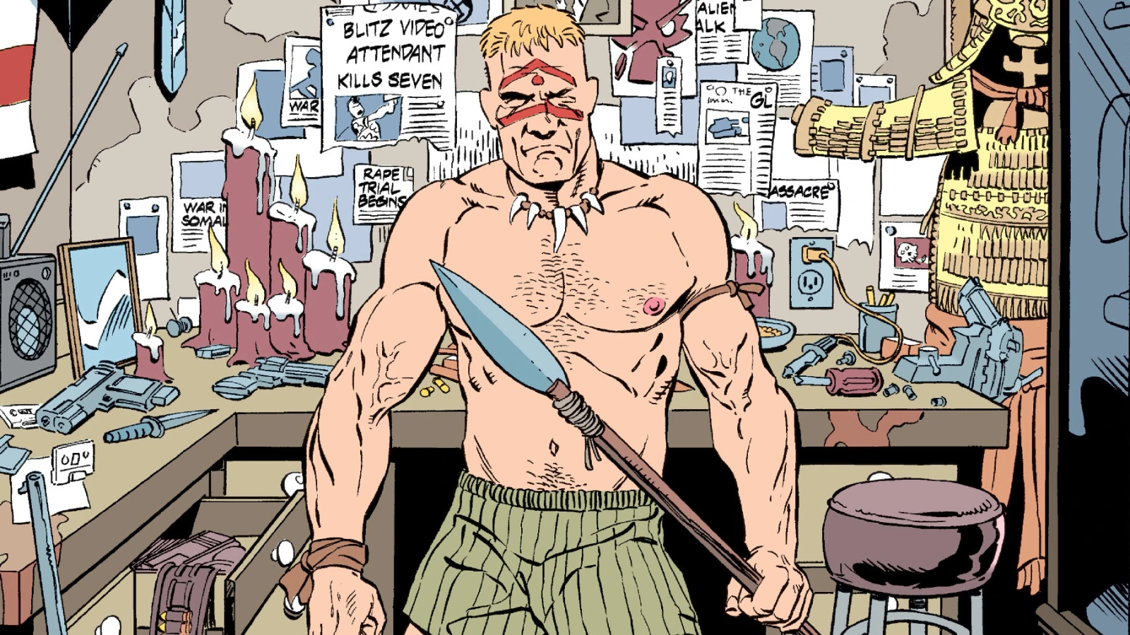 Shirtless Buddy Wilcox in red face paint holds a spear in his hidden workshop, surrounded by candles, newspaper clippings, guns and samurai armor, from Predator: Kindred