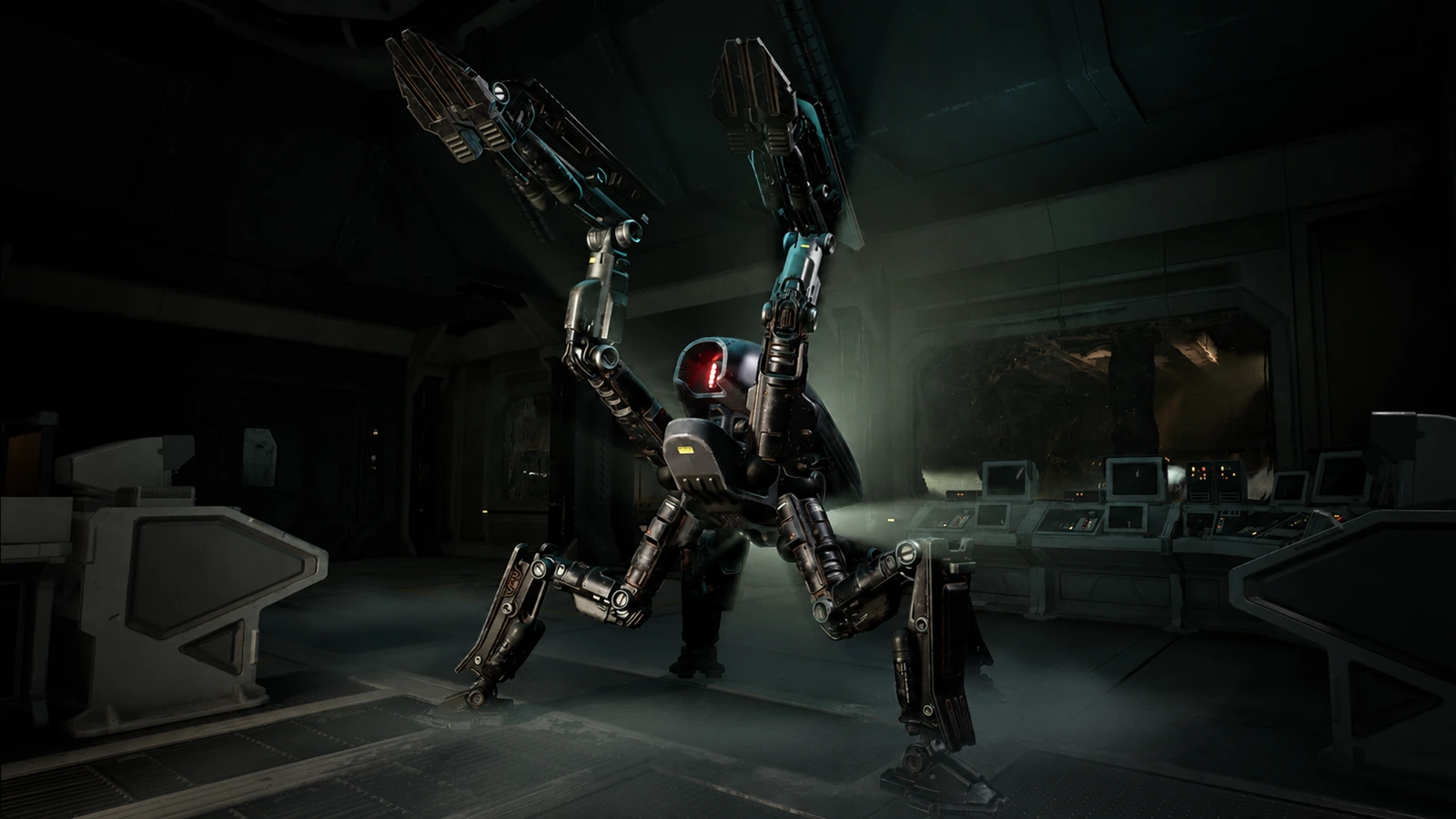 Bulwark Combat Automaton standing in a control room in Aliens Fireteam Elite 2