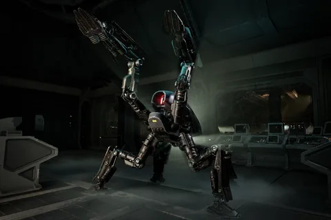 Bulwark Combat Automaton standing in a control room in Aliens Fireteam Elite 2