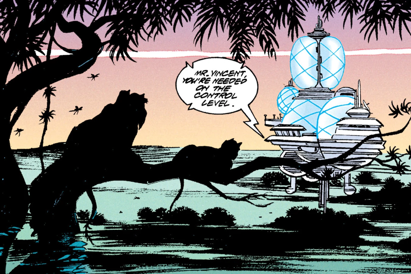 The white Big Archey survey station with its gas-filled spheres rising above the Bunda jungle at dusk as animals rest in a tree