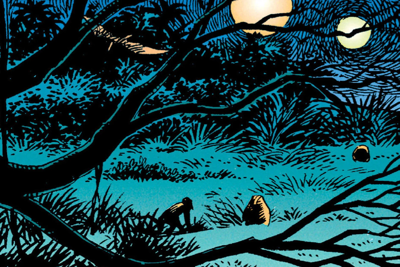Two moons rising over the Bunda jungle at night, with a monkey-like animal crouched in the grass beneath the trees