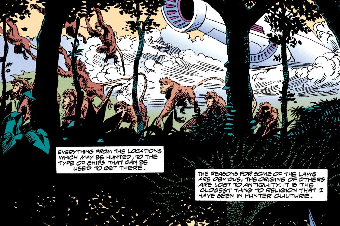 Troops of tailed, monkey-like animals swinging through the Bunda jungle as a Yautja hunt ship sets down behind the trees