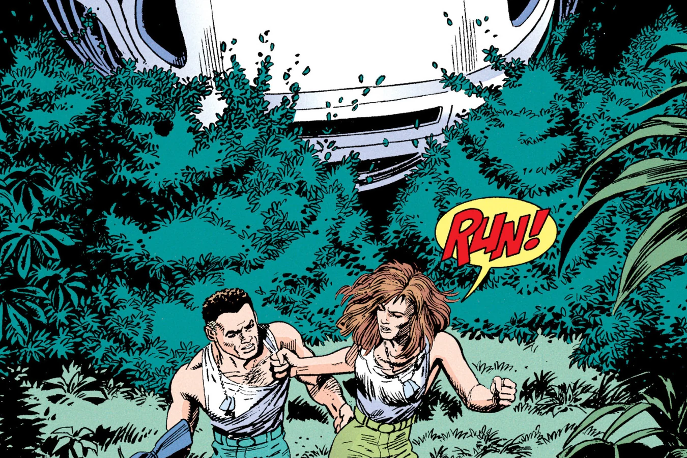 Martin Jess and Katherine Lara running through the Bunda undergrowth beneath the white hull of a landed Yautja ship