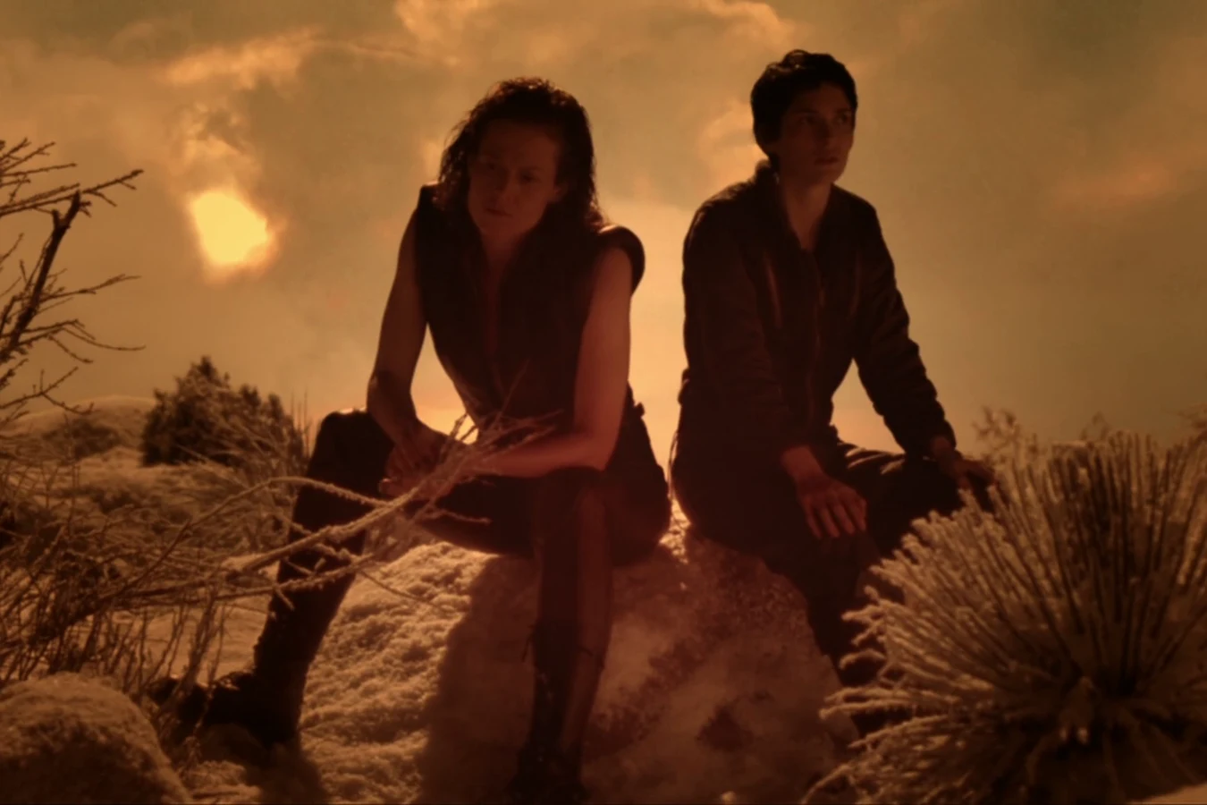 Call and Ripley 8 sitting on a snowy hill after the Betty reaches Earth