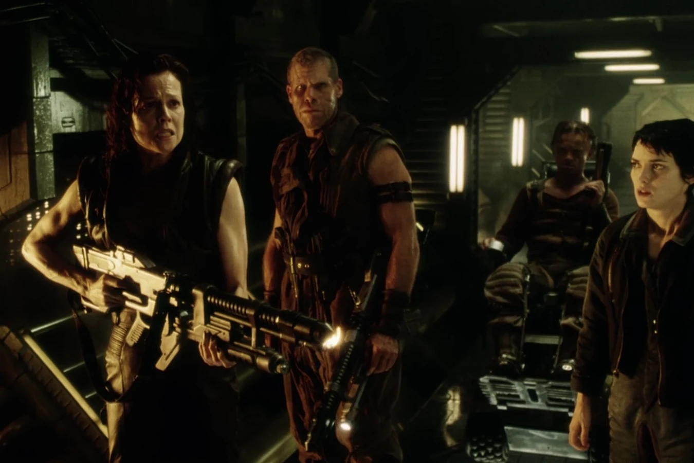 Ripley 8, Johner, Vriess, and Call in an Auriga corridor