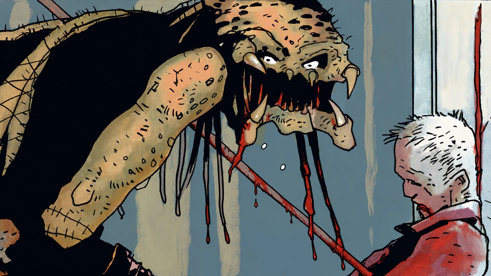Unmasked Captive Predator with elongated head and gold-banded dreadlocks from Predator: Captive