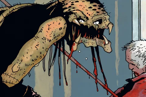 Unmasked Captive Predator with elongated head and gold-banded dreadlocks from Predator: Captive