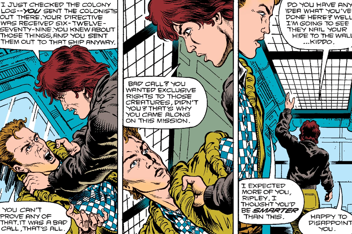 Ellen Ripley grabbing Carter Burke in Aliens: Newt's Tale after the colony log names his directive