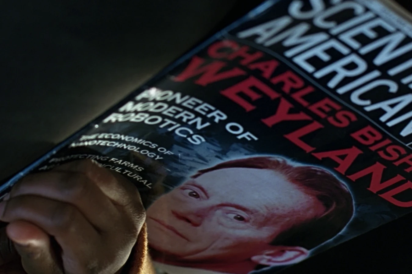 A Scientific American cover showing Charles Bishop Weyland in Alien vs. Predator