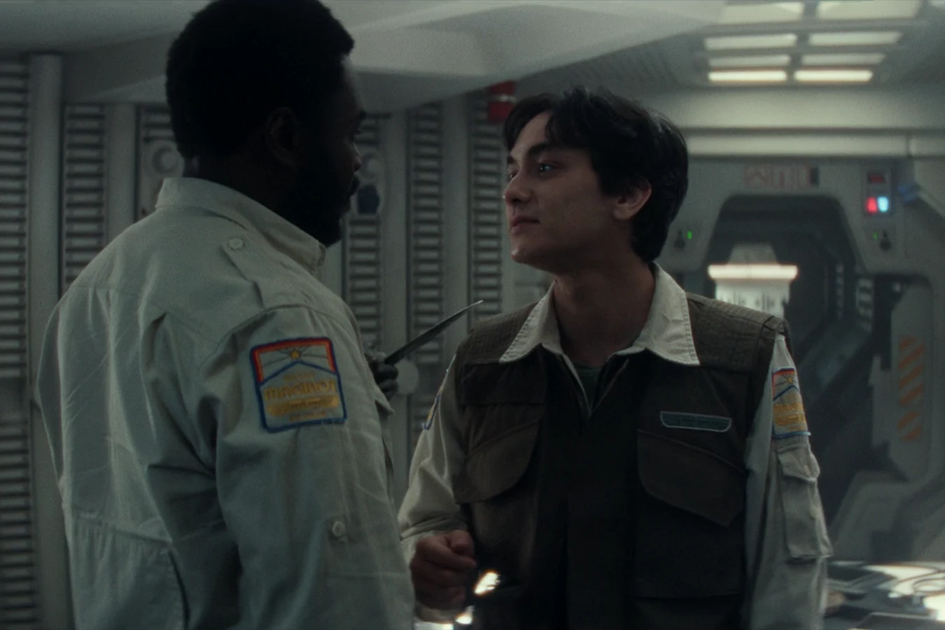 Clem Madey facing Morrow during the saboteur questioning in Alien: Earth