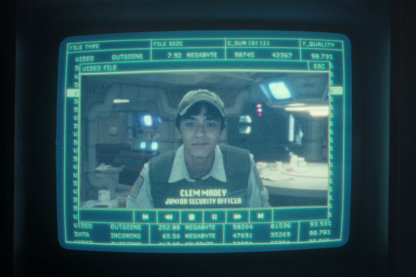 Clem Madey's recorded message home playing on a Maginot monitor in Alien: Earth