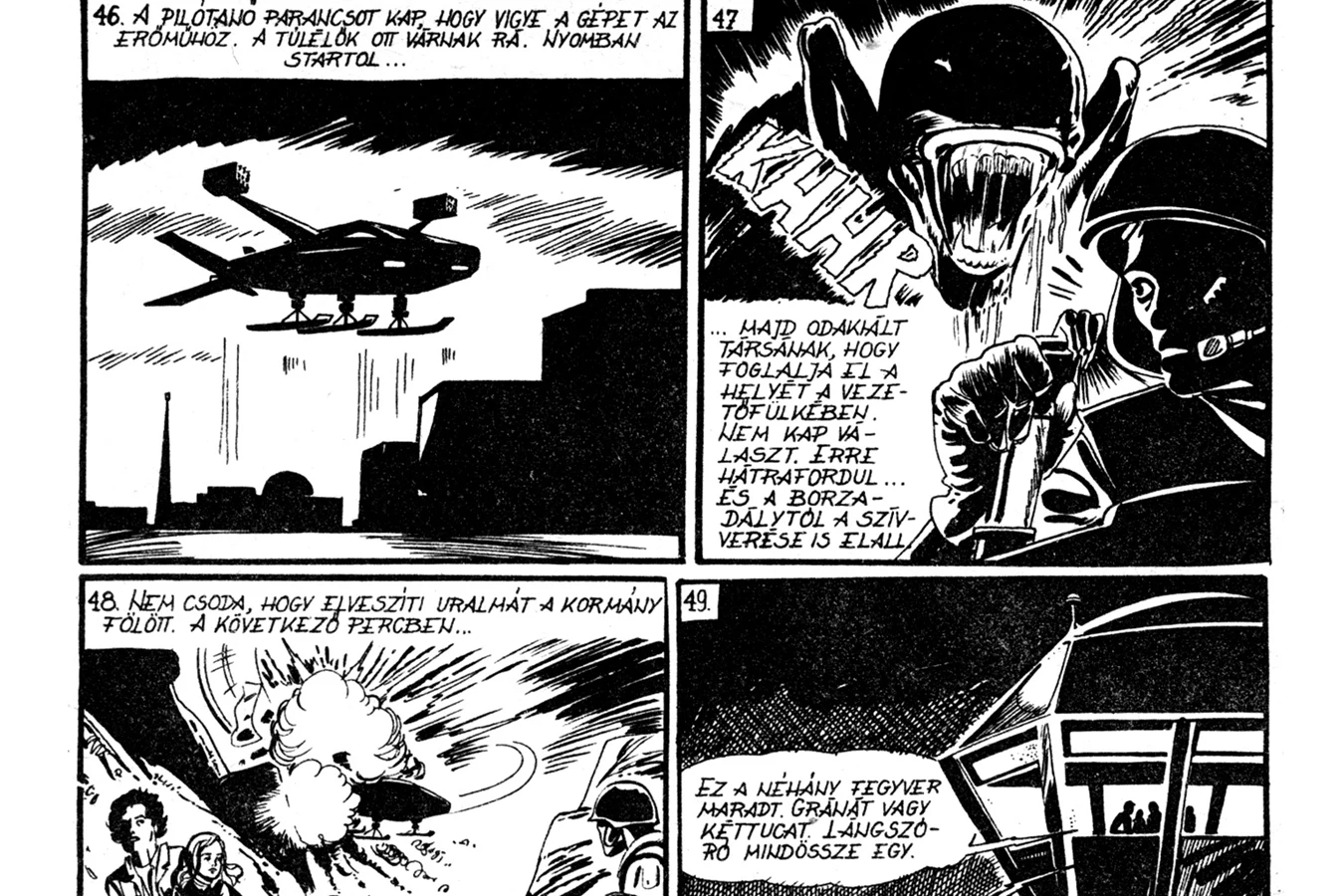 Ferro turning in the dropship cockpit as a Xenomorph attacks, from the Hungarian comic Aliens: Halál