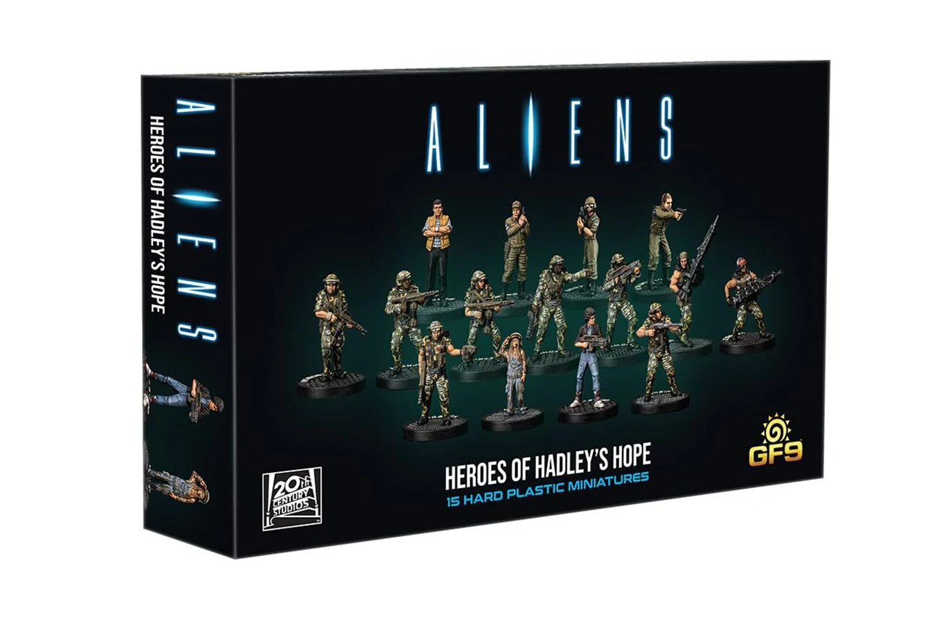 Gale Force Nine Heroes of Hadley's Hope box for Aliens: Another Glorious Day in the Corps, with 15 hard-plastic Sulaco miniatures