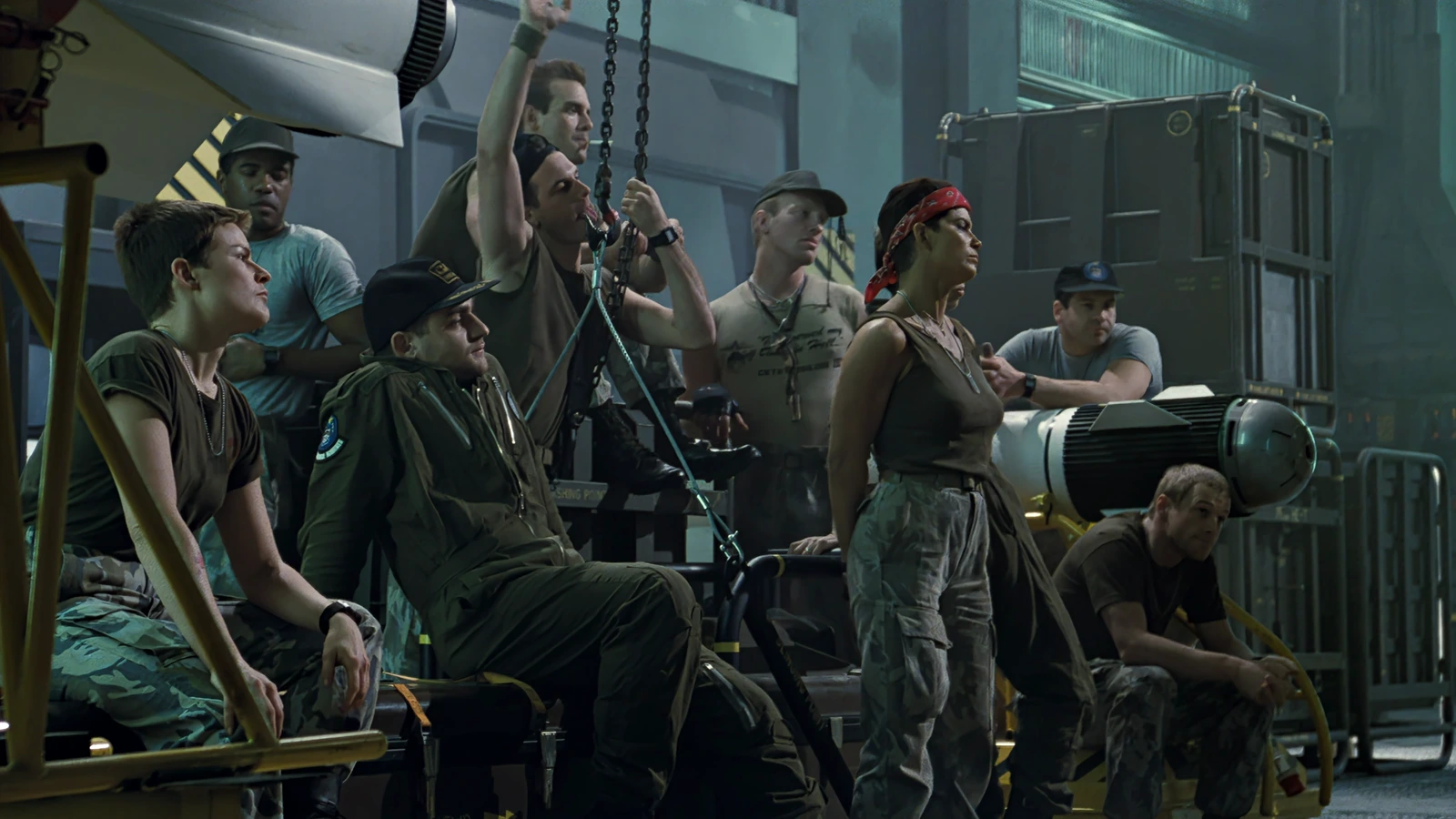 Vasquez and Colonial Marines in the Sulaco hangar in Aliens