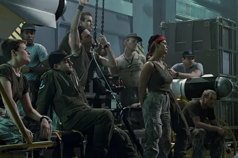 Vasquez and Colonial Marines in the Sulaco hangar in Aliens