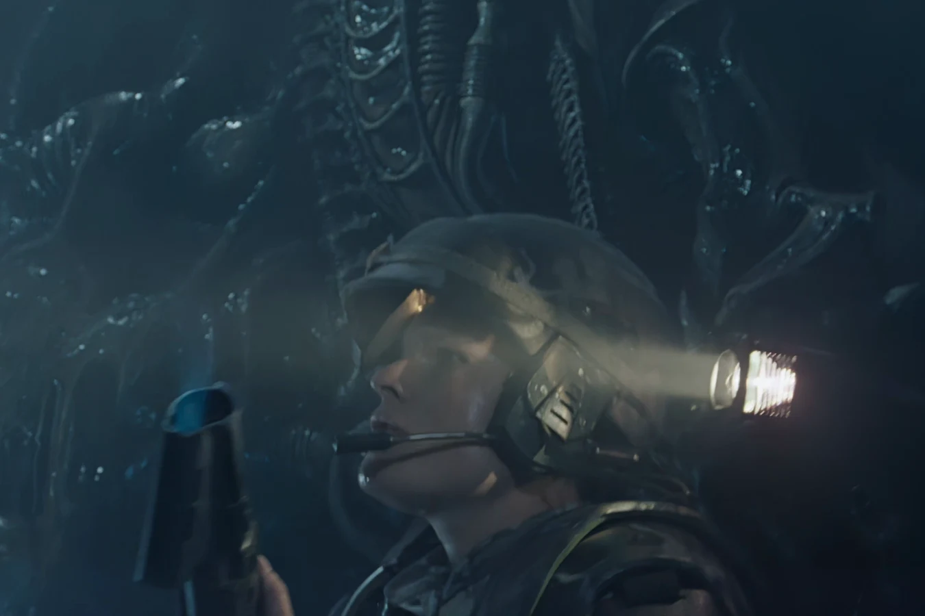 Corporal Cynthia Dietrich in the hive with Blue Angel written on her helmet
