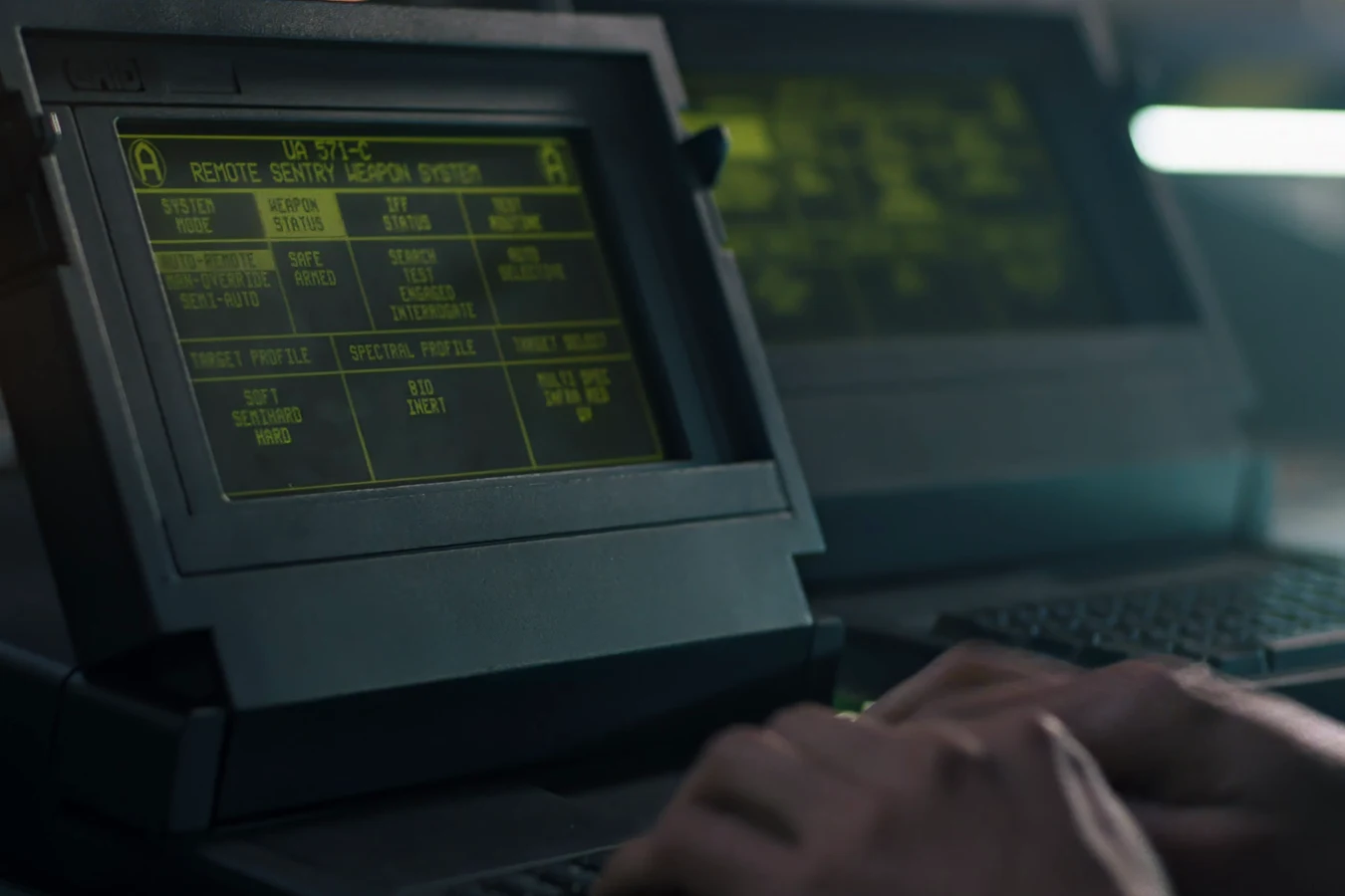 UA 571-C Remote Sentry Weapon System control terminal screen showing AUTO-REMOTE and IFF status
