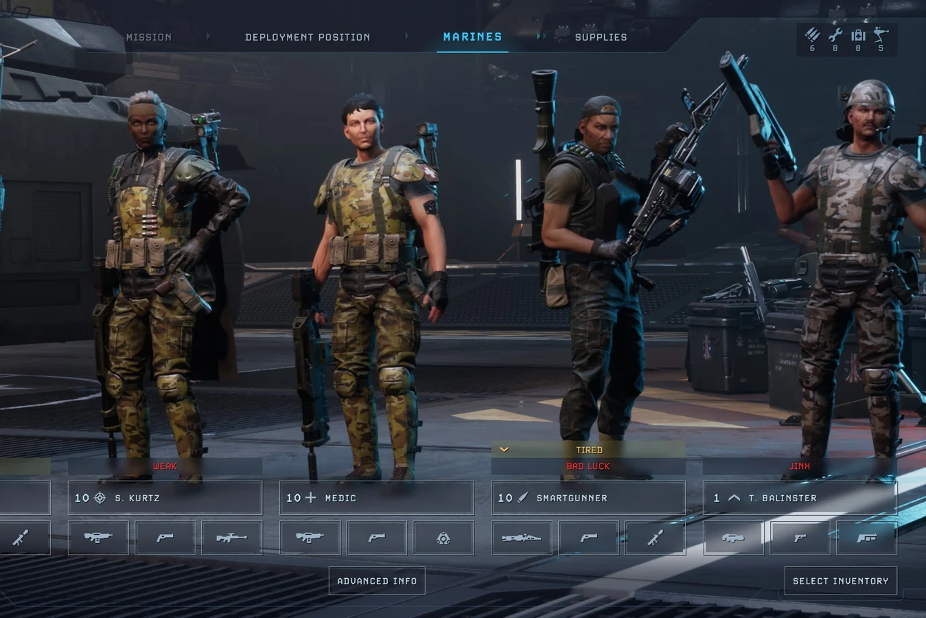 Aliens: Dark Descent marines squad screen showing levels and class icons