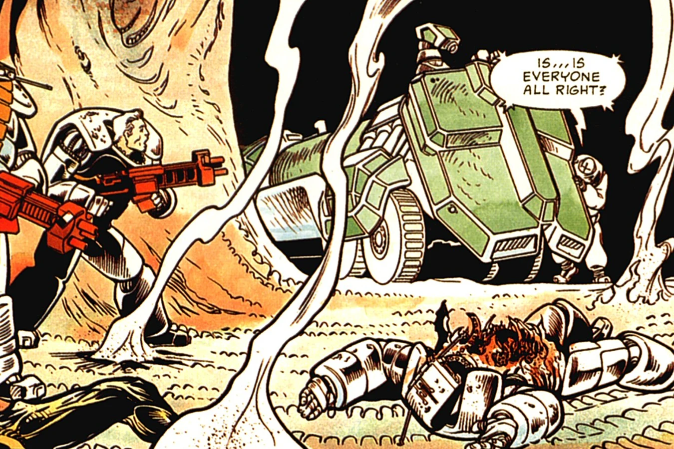 Boxy eight-wheel cargo drone from Aliens: Genocide with Marines in the hive mouth