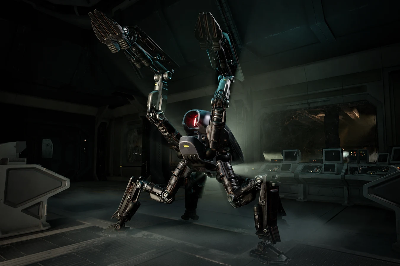 A Bulwark Combat Automaton in a control room in Aliens Fireteam Elite 2