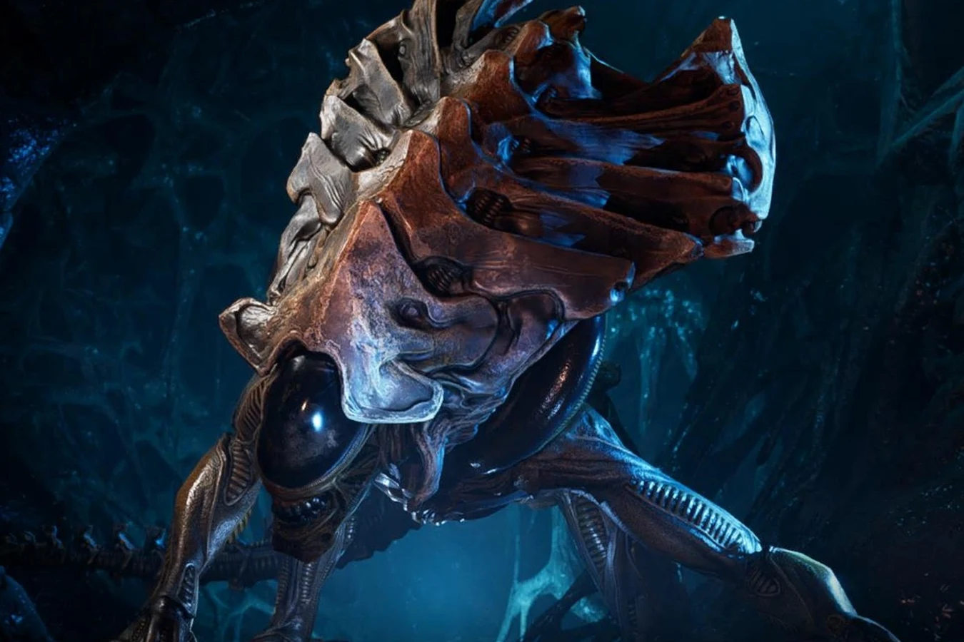 Crusher Xenomorph in a hive in Aliens: Dark Descent, bronze crest over a black dome