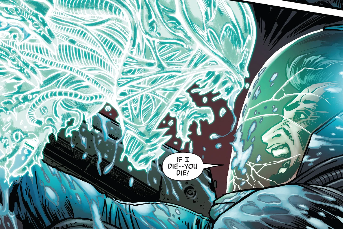 Cutter Vasquez jams a pulse rifle into an irradiated Xenomorph and shouts that if he dies it dies with him in Aliens: Aftermath