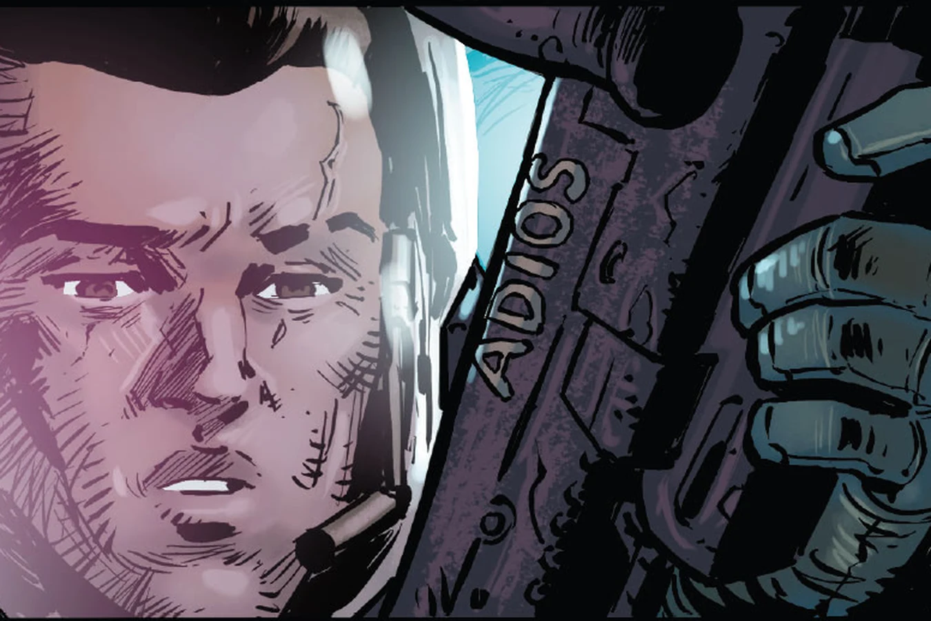 Cutter Vasquez in his helmet grips Jenette Vasquez's ADIOS-marked smartgun at Hadley's Hope in Aliens: Aftermath