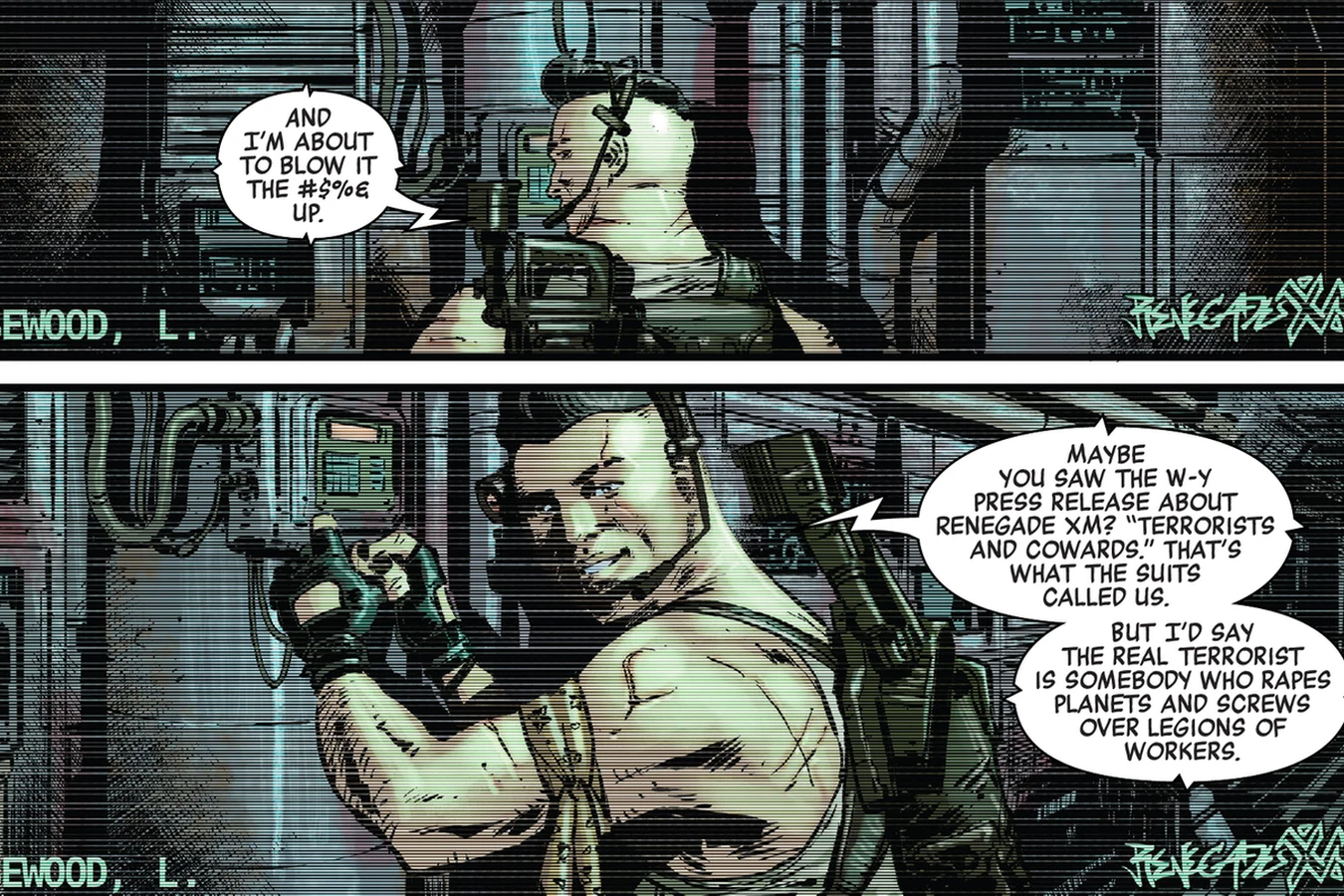 Cutter Vasquez plants a charge on a Weyland-Yutani terminal during the Midland Station sabotage in Aliens: Aftermath