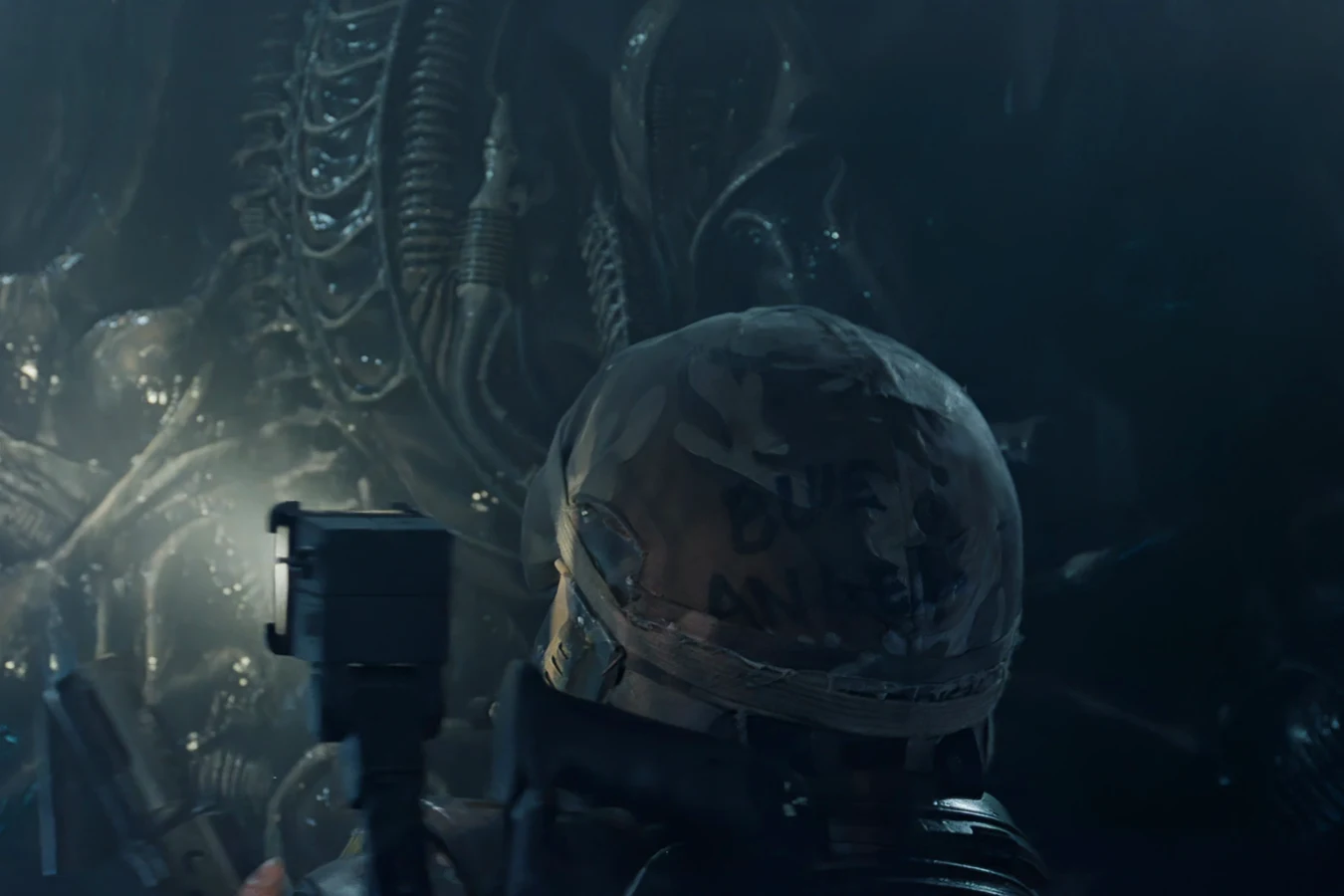 The back of Dietrich's M10 helmet with BLUE ANGEL painted on the cover as she faces the hive resin in Aliens