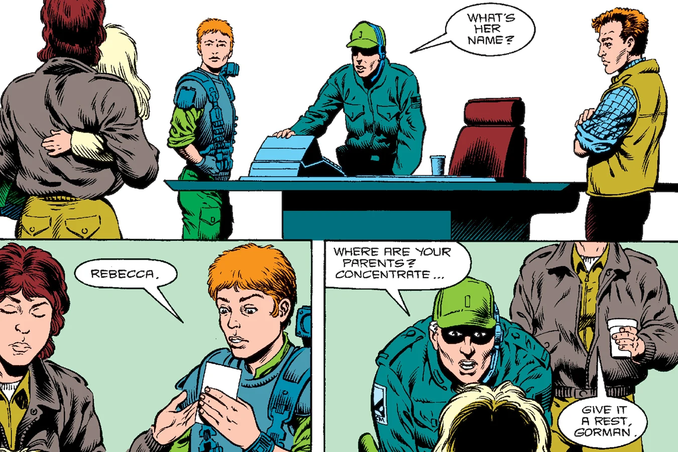 Dietrich reading Rebecca from a card while Gorman questions Newt in Aliens: Newt's Tale