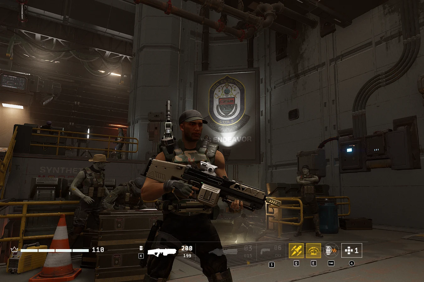 Colonial Marine holding a BD-48 Daittyo Heavy Rifle in the Endeavor hangar