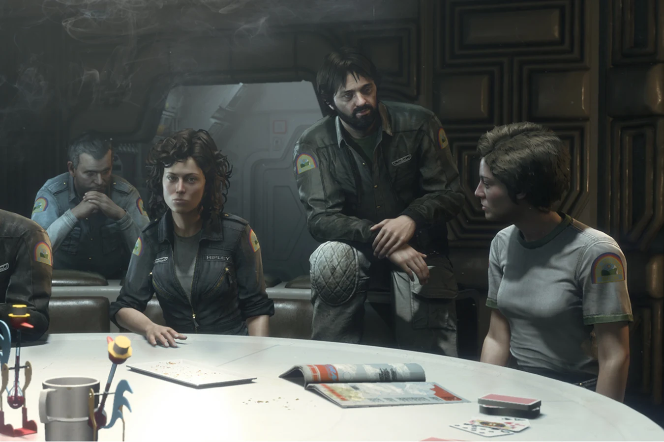 Dallas standing at the Nostromo mess with Ripley, Lambert, and Parker in Alien: Isolation