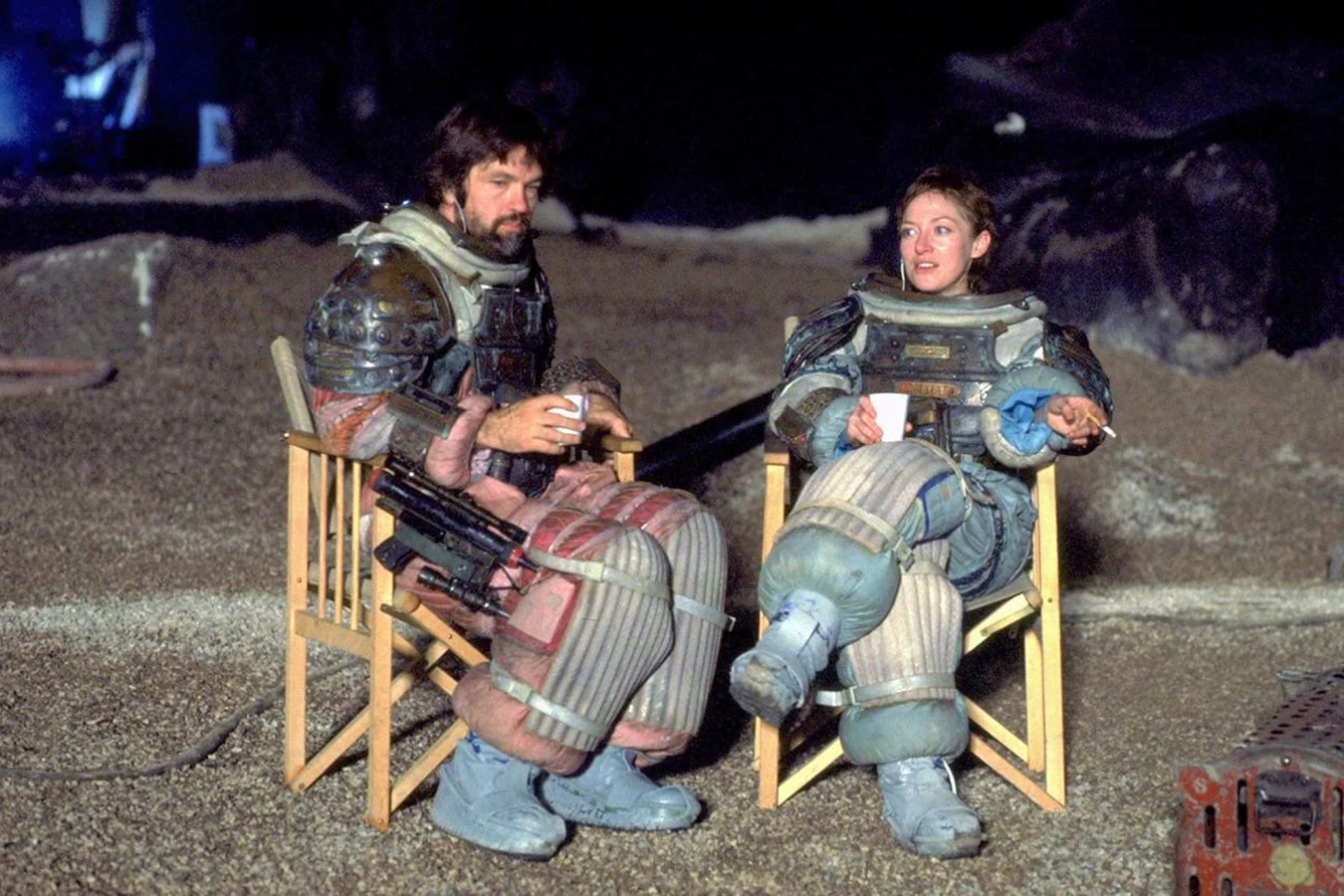 Tom Skerritt and Sigourney Weaver in Nostromo compression suits on the Alien set