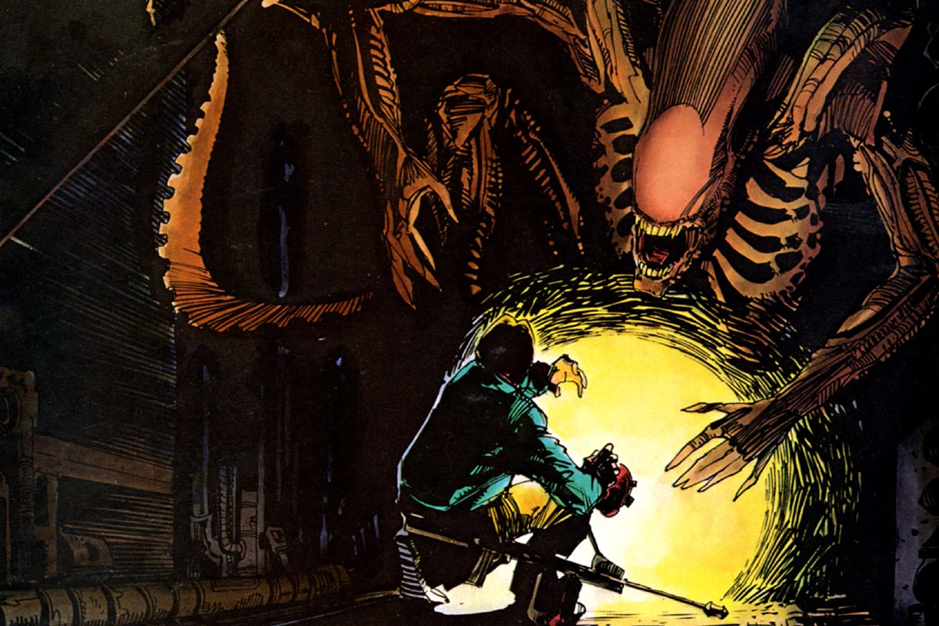Dallas in the Nostromo vents facing the adult Xenomorph in Alien: The Illustrated Story