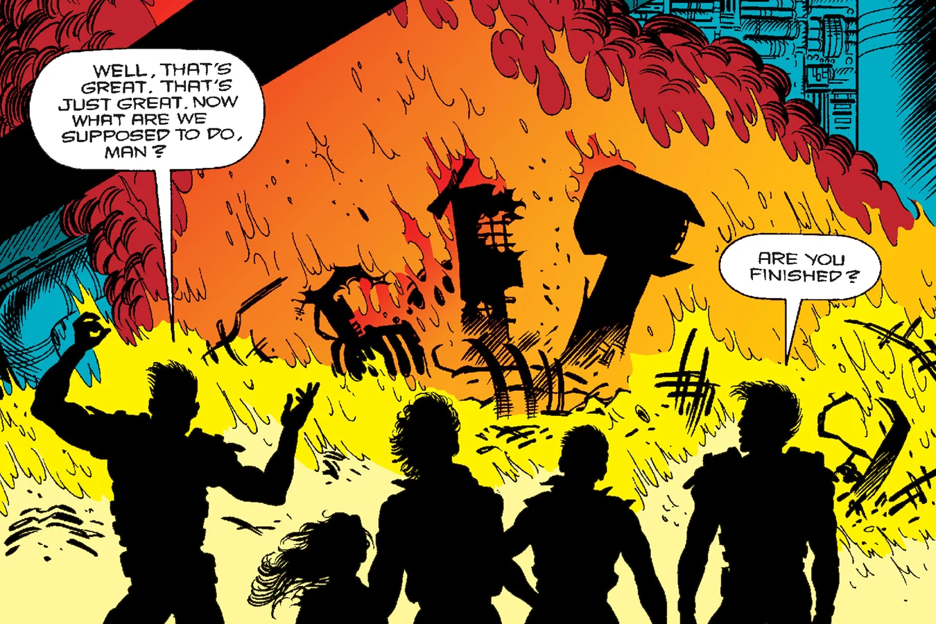 Hudson, Newt, Ripley, and the other survivors watching the dropship burn, from Aliens: Newt's Tale