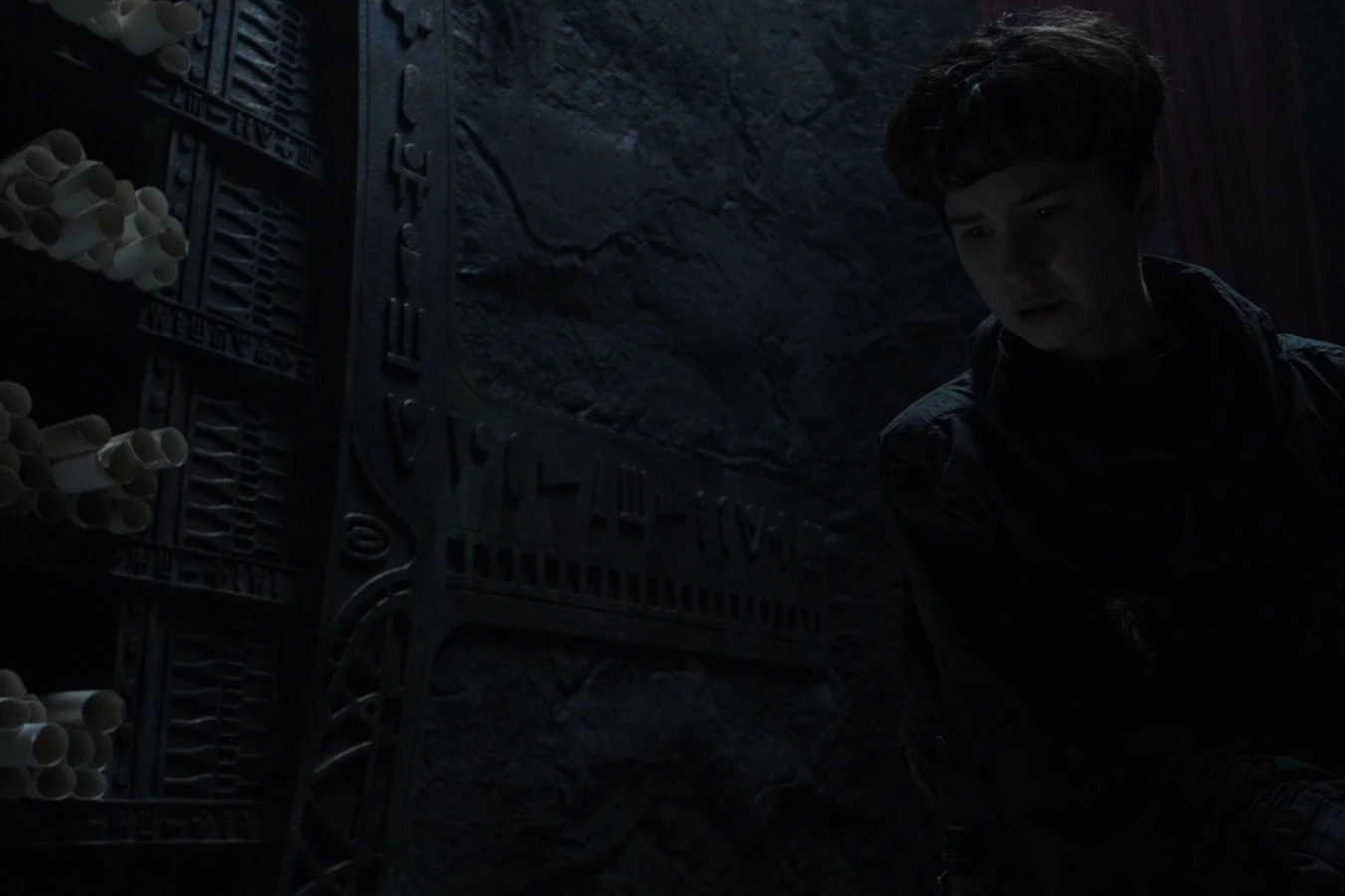 Daniels in the scroll room of the Engineer city, racks of rolled sheets on the wall beside her