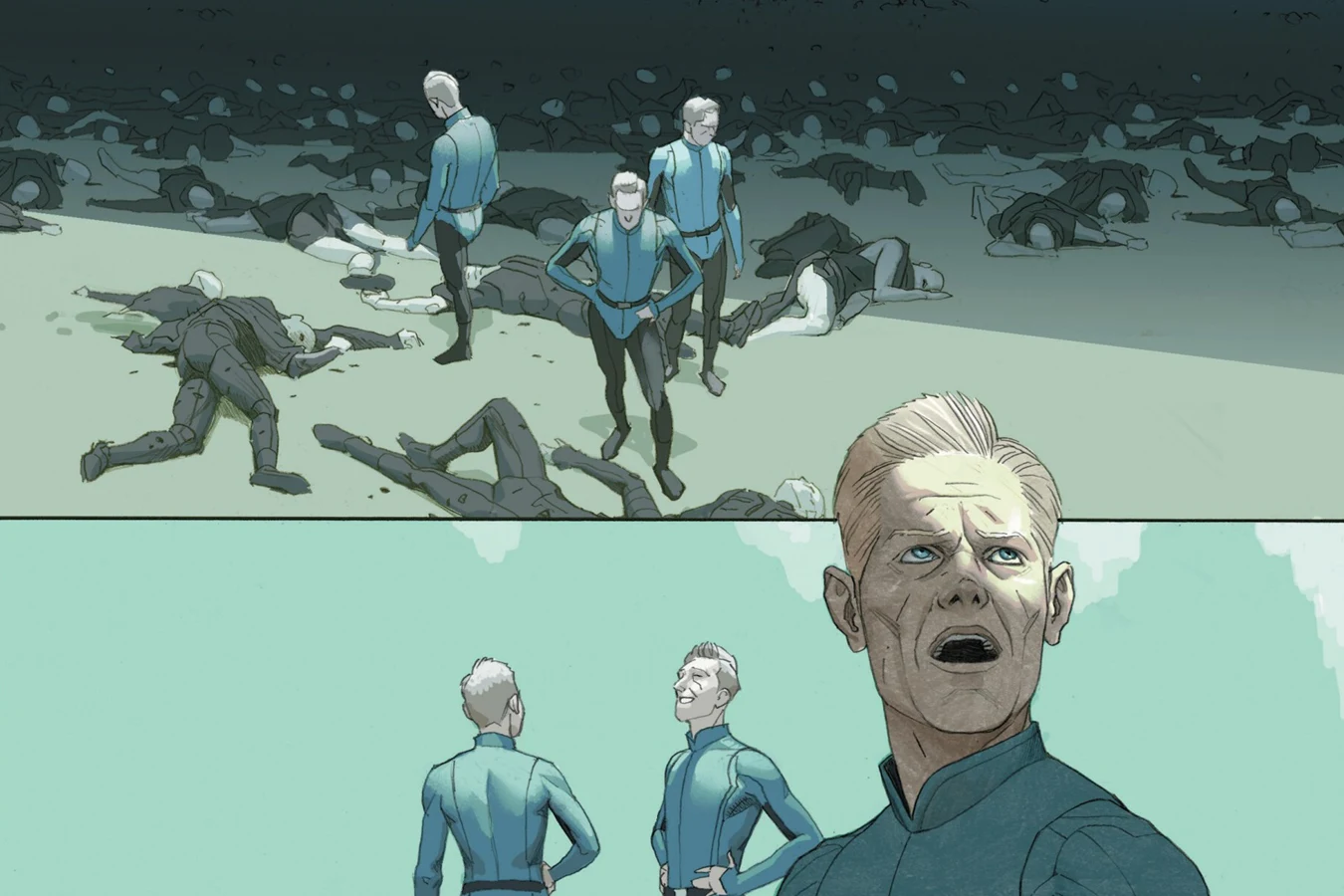 Three David synthetics in blue uniforms walking among dead Engineers in Aliens vs. Avengers