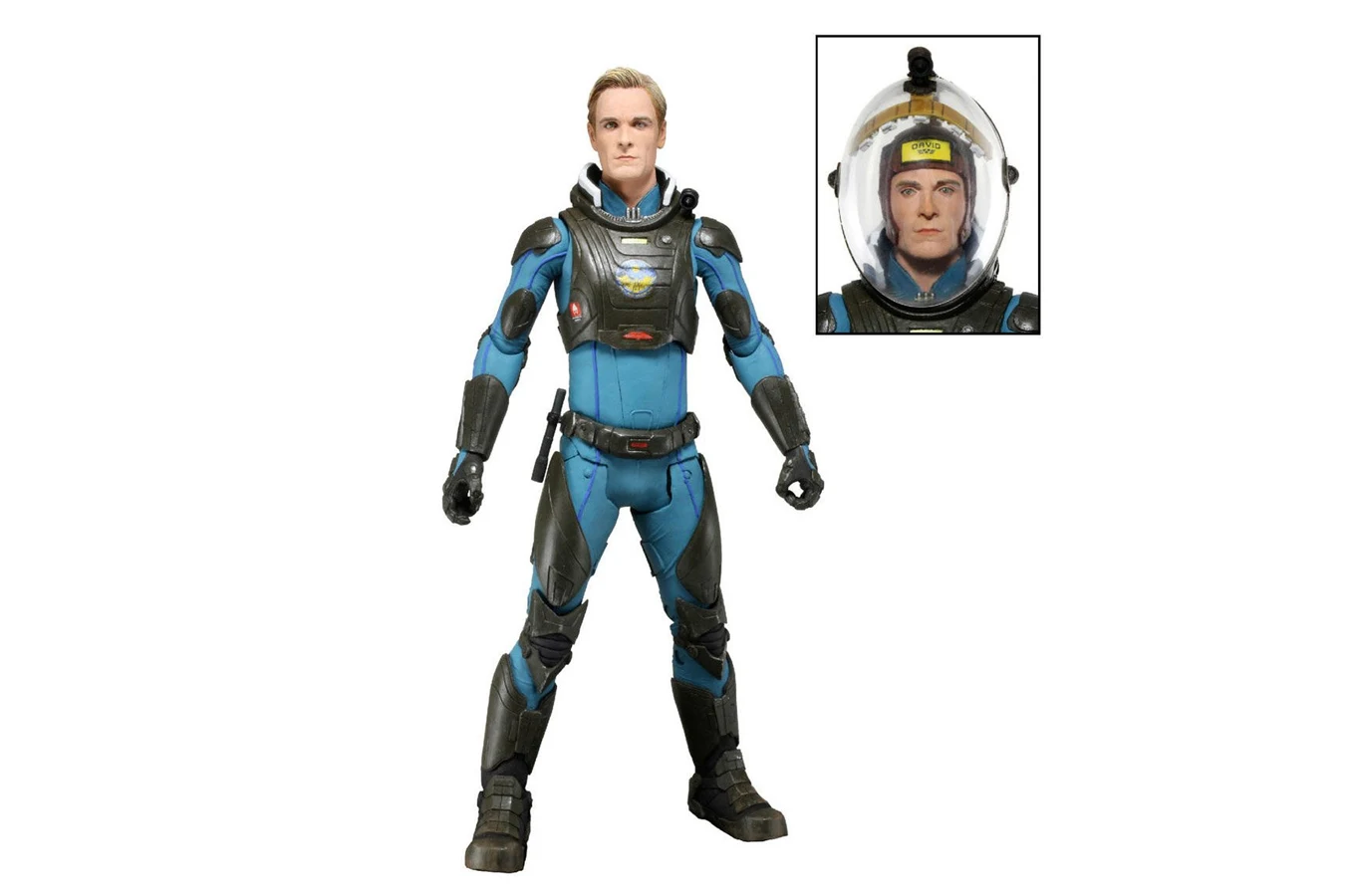 NECA figure of David in his blue Prometheus suit, with the alternate head in its helmet