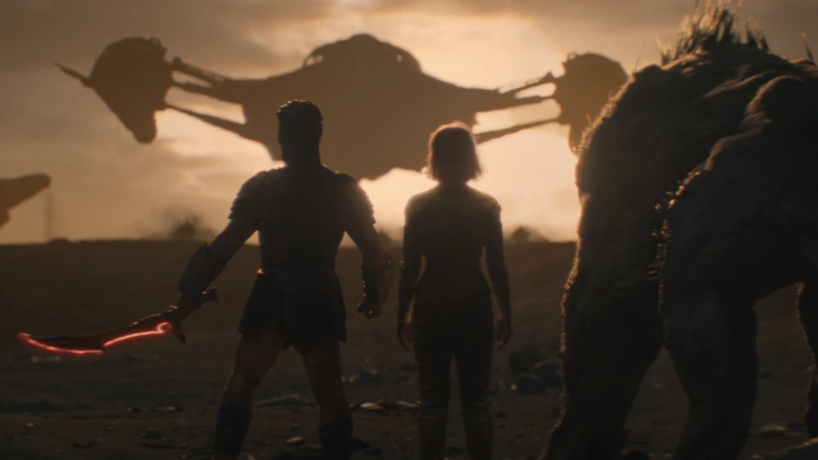 Dek Predator, Thia, and Bud face Dek's mother's ship on Yautja Prime in Predator: Badlands
