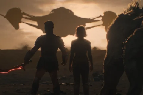Dek Predator, Thia, and Bud face Dek's mother's ship on Yautja Prime in Predator: Badlands