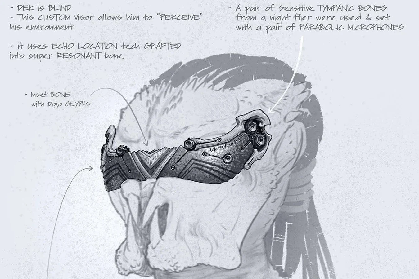 Concept art of Blind Dek with a custom echolocation visor from Predator: Badlands